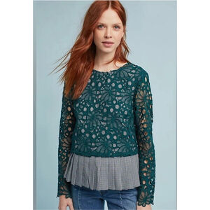 English Rose Hunter Green Lace and Gingham Set. Pencil Skirt and Top. Size S